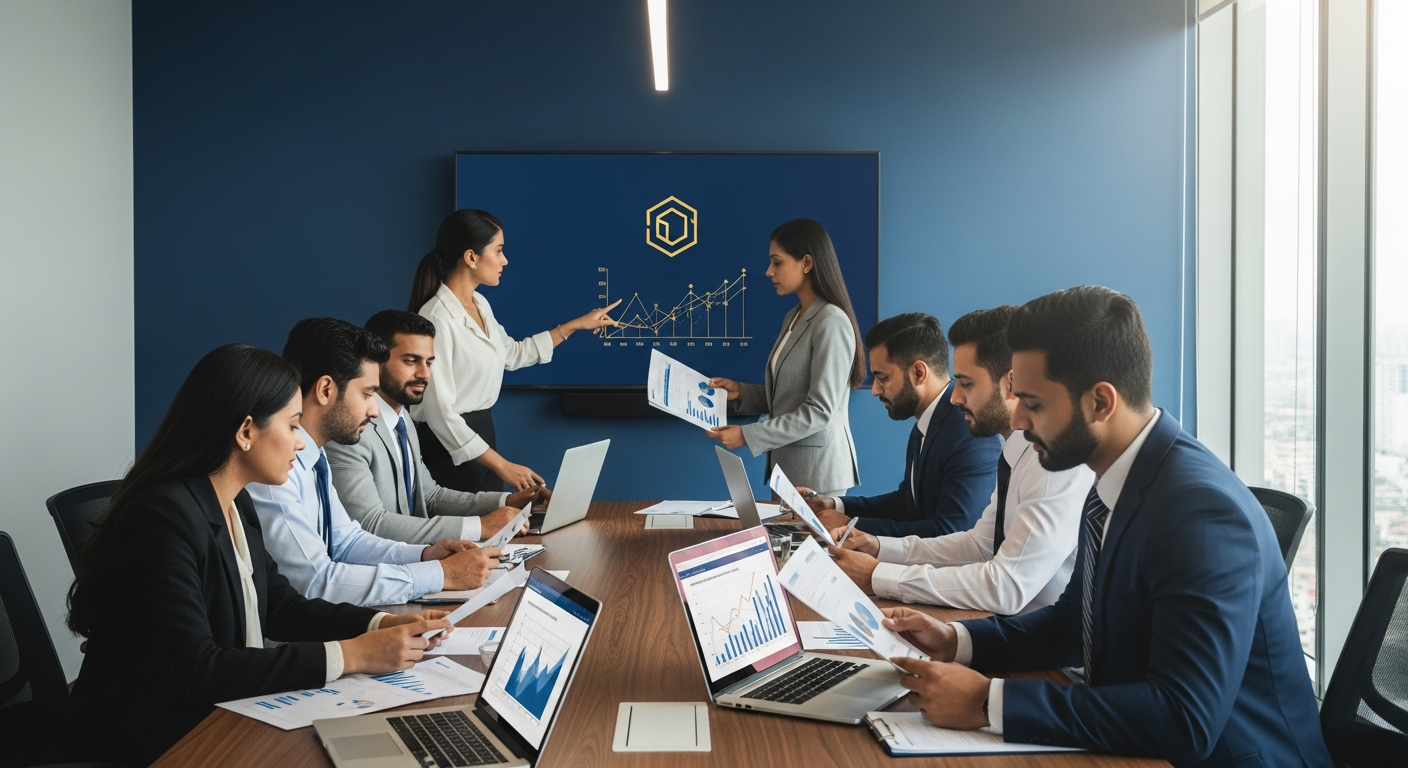 Business professionals reviewing financial documents